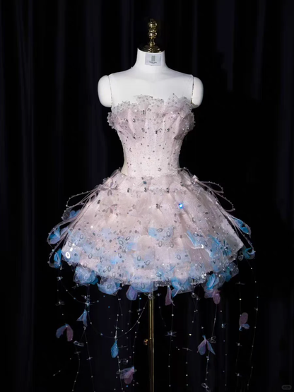 Glitter Strapless Tulle Sequin Beaded Tassel Short 7th Grade Homecoming Dress,Pink Mini Birthday Dress D3135