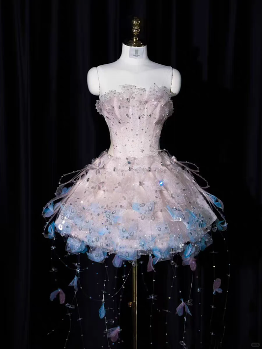 Glitter Strapless Tulle Sequin Beaded Tassel Short 7th Grade Homecoming Dress,Pink Mini Birthday Dress D3135