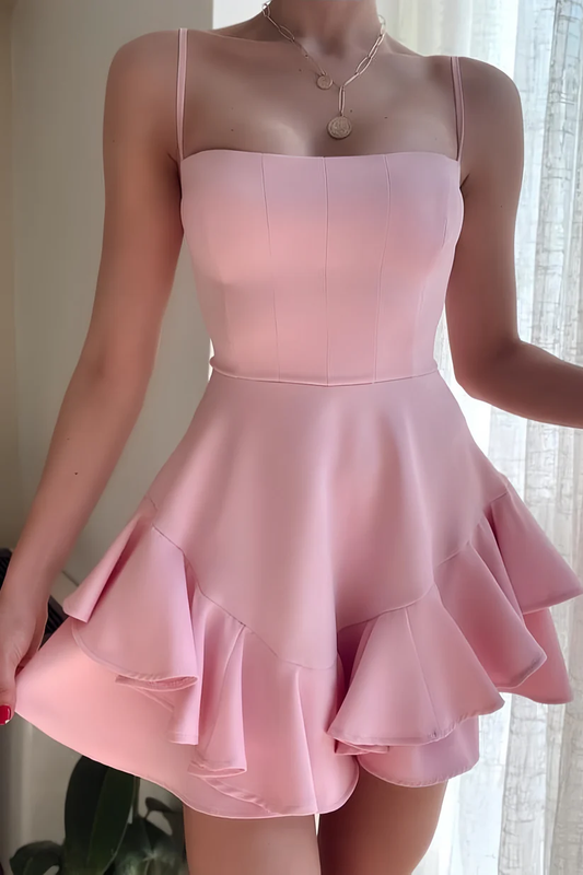 Classy Spaghetti Straps Pink Satin A Line Layered Short Homecoming Dress 20th Birthday Outfits D796
