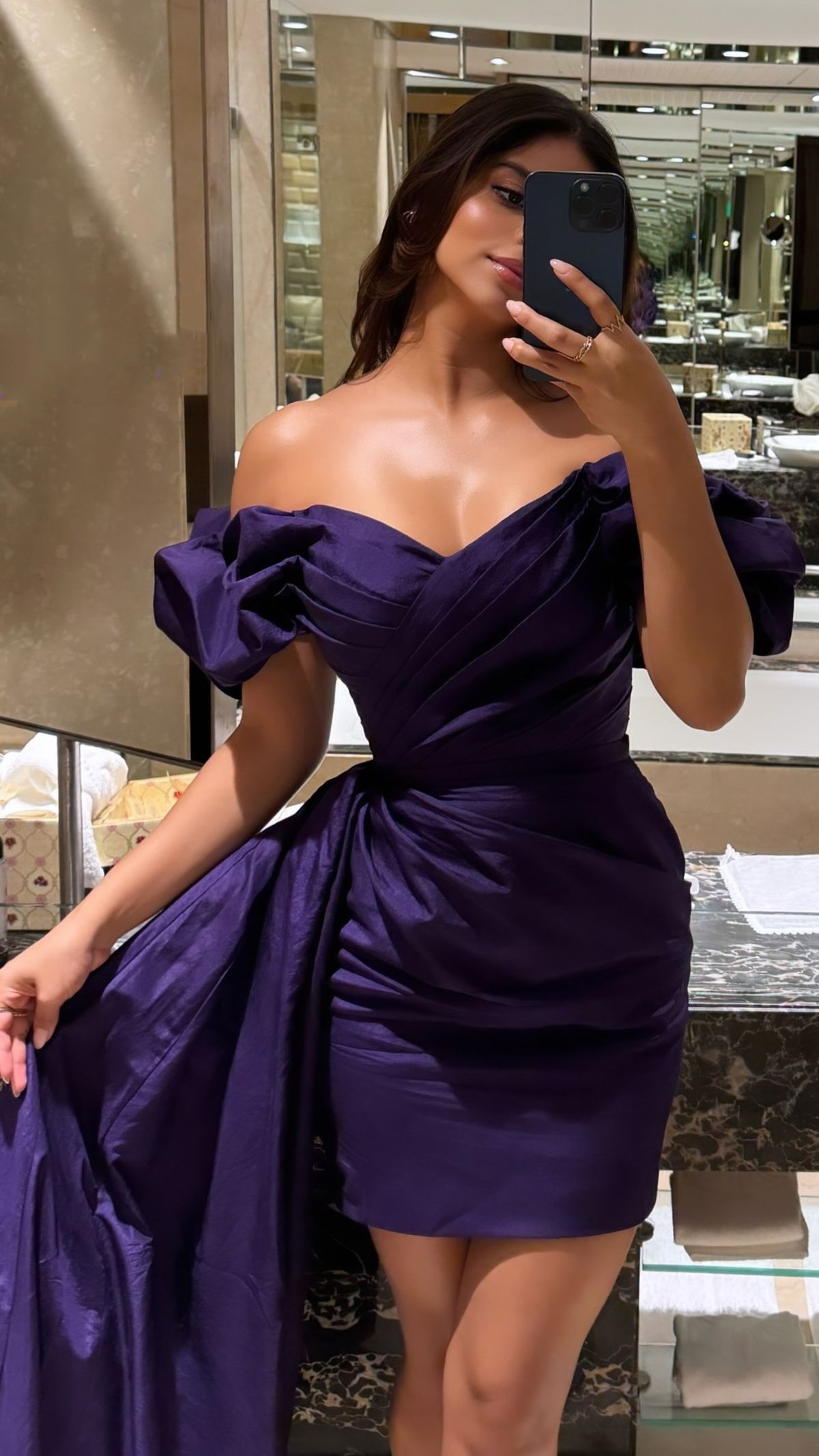 Elegant Off The Shoulder Purple Satin Pleated Sheath Short 9th Grade Homecoming Dress,Short Prom Dress D3343