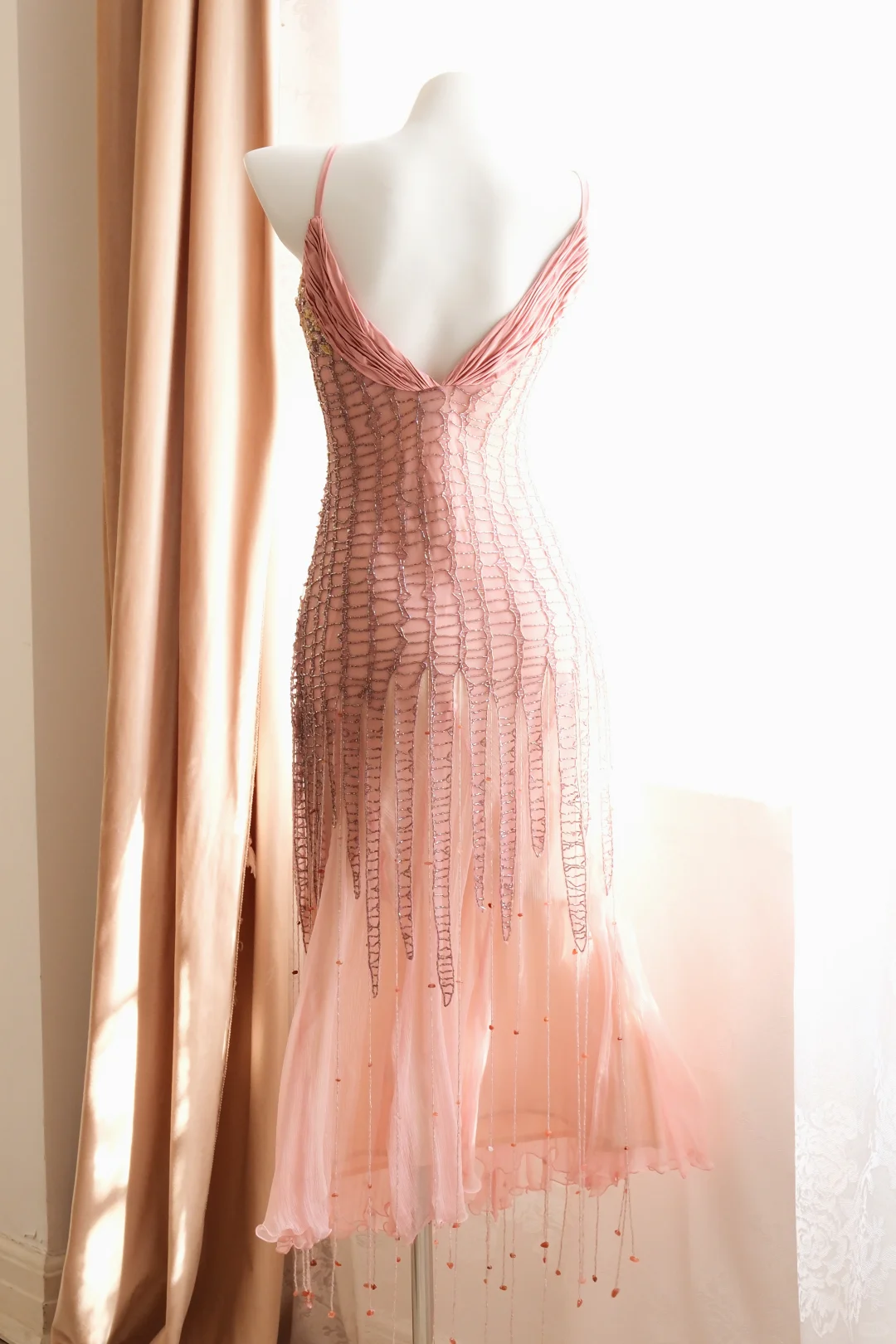 Vintage Peach Pink Chiffon Mermaid Long Party Dress Spaghetti Straps Prom Gown D2714