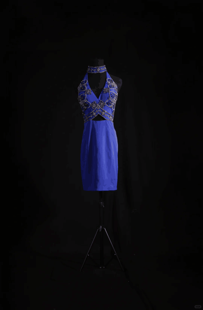 Sexy Halter Blue Satin Beaded Sheath Cocktail Dress Short 6th Grade Homecoming Dress D3326