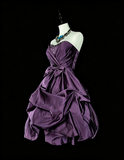 Classy Purple Satin Pleated Beaded Short 19th Birthday Outfits,Strapless A Line Short Party Dress D4046
