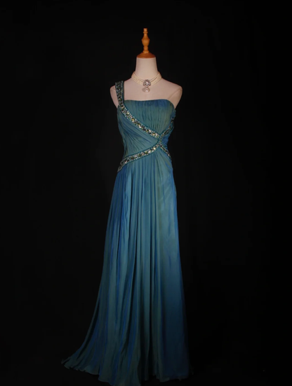 Unique Blue One Shoulder Satin Pleated Beaded Mermaid Prom Dress Long Birthday Evening Gowns D2289