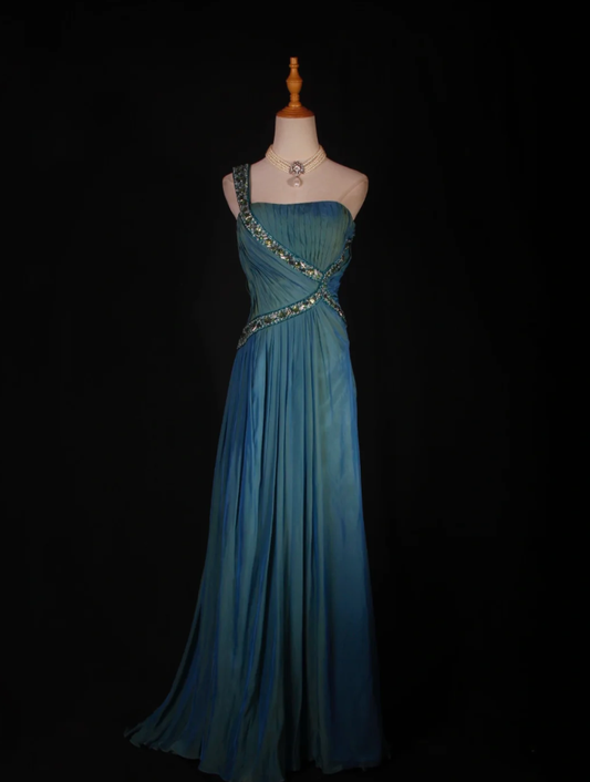 Unique Blue One Shoulder Satin Pleated Beaded Mermaid Prom Dress Long Birthday Evening Gowns D2289
