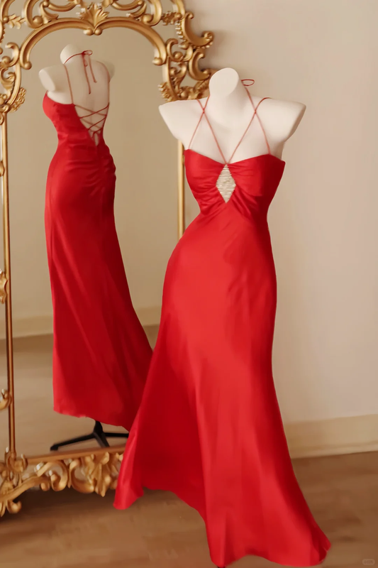 Sexy Red Satin Beaded Mermaid Long Wedding Guest Dress Formal Party Gown D2781