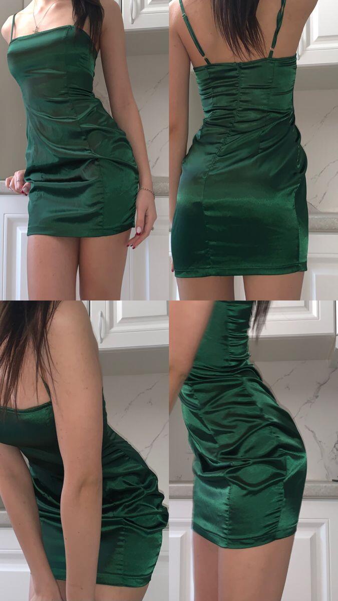 Fashion Green Spaghetti Straps Satin Sheath Short Homecoming Dress Cocktail Dress D3015