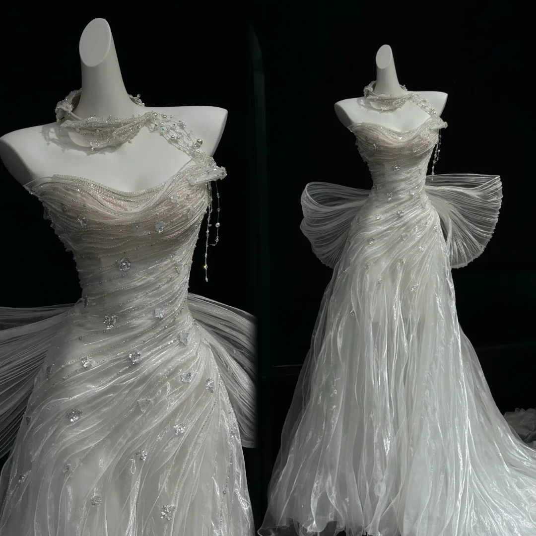 Classy White Tulle Pleated Beaded Mermaid Long Wedding Dress,Formal Bridal Dress With Bow D3084