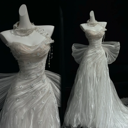 Classy White Tulle Pleated Beaded Mermaid Long Wedding Dress,Formal Bridal Dress With Bow D3084