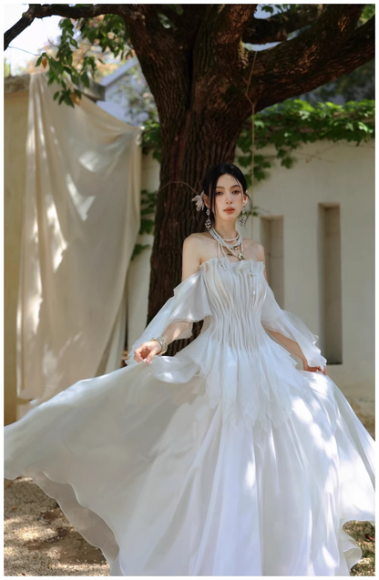 Fairy Off The Shoulder White Chiffon Pleated Pearls Long Party Dress Birthday Evening Gown D2411