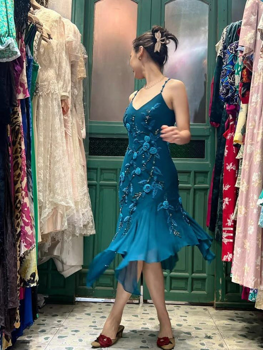Vintage Peacock Blue Chiffon Beaded Floral Long Party Dress,Spaghetti Straps Mermaid Evening Gown D3478