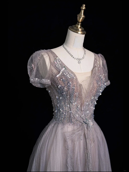 Beautiful V Neck Purple Tulle Pleated Beaded Long Prom Dresses Birthday Evening Dress D4829