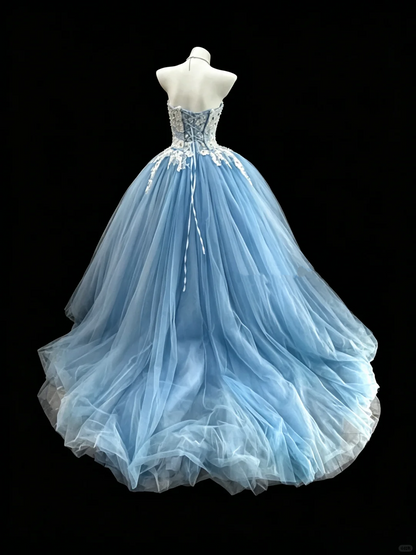 Pretty Strapless Tulle Appliques Birthday Quinceanera Dress Light Blue Sweet 16 Dress D5294