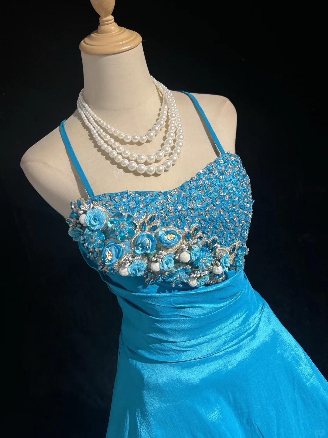 Glamorous Blue Satin Beaded 3D Floral Short Graduation Homecoming Dress.Spaghetti Straps A Line Mini Birthday Dress D3388