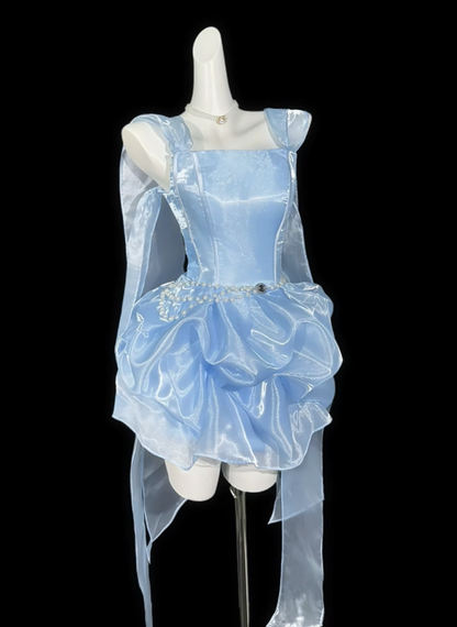 Fairy Blue Tulle Pleated A Line Short 15th Birthday Outfits,Mini Homecoming Dress D4152
