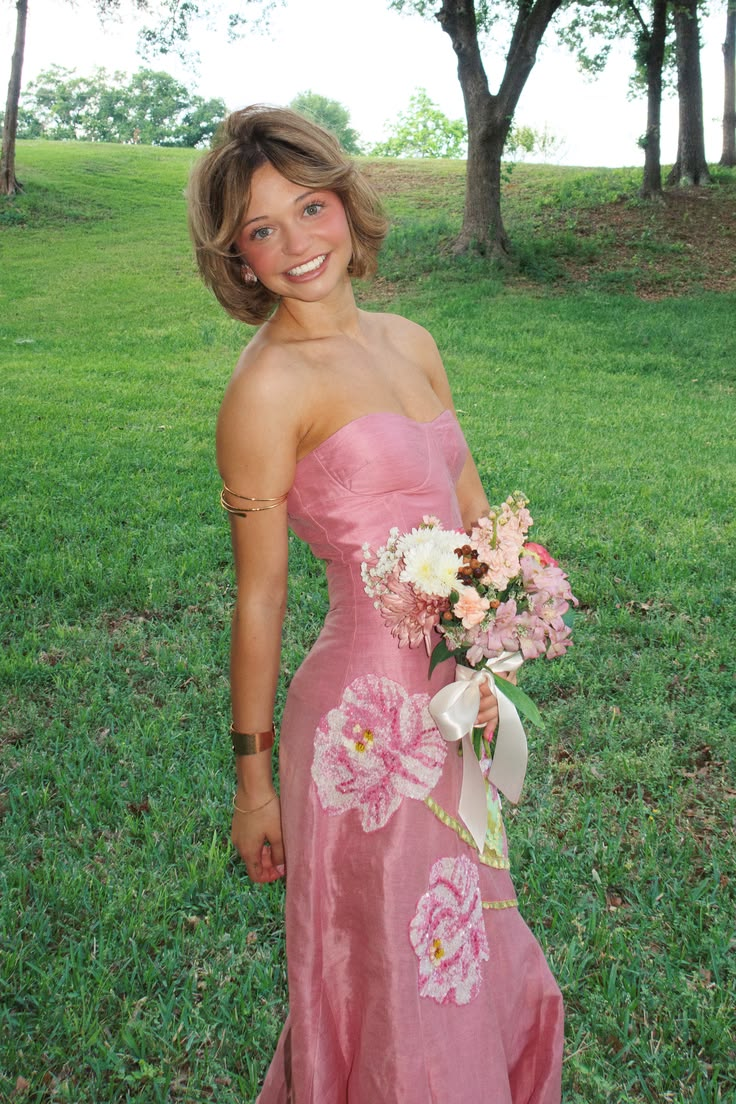 Charming Pink Satin Floral Mermaid Long Evening Dress Strapless Long Wedding Guest Dress D4395