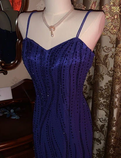 Gorgeous Spaghetti Straps V Neck Blue Satin Beaded Long Birthday Party Dress Formal Evening Gown D1752