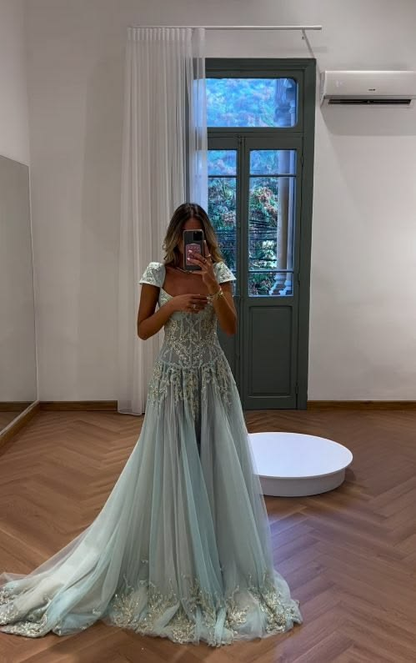 Glamorous Beaded Tulle Sequin Mermaid Long Prom Dress Ice Blue Long Party Dress D4623