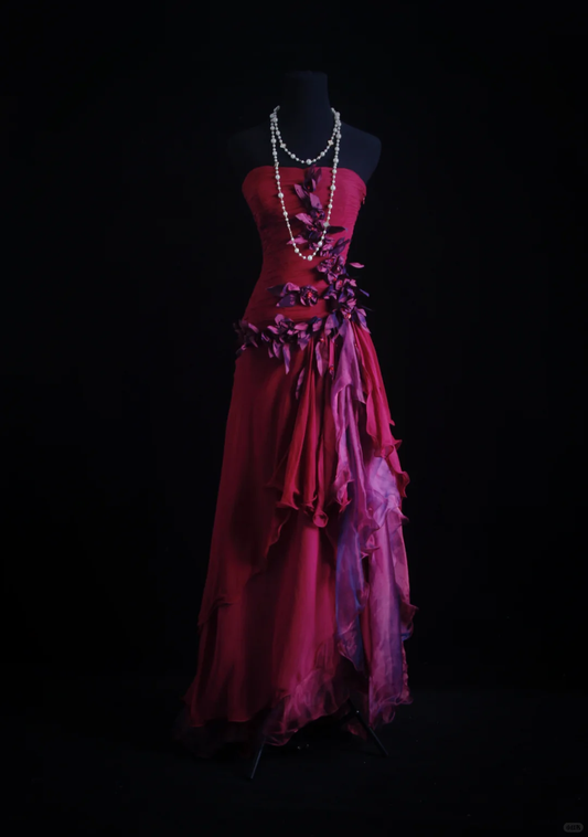 Pretty Strapless Chiffon Floral A Line Long Party Dress Prom Dress D2876