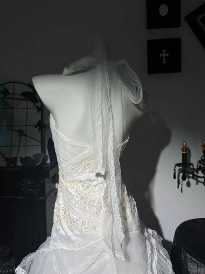 Pretty Halter Tulle Lace Ruffle Mermaid Prom Dress,White Long Evening Dress With Beads D3727