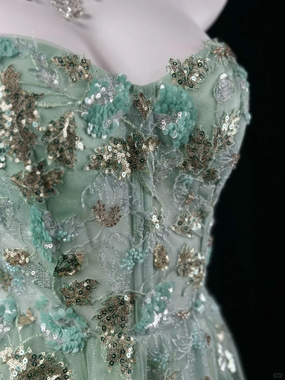 Charming Strapless Mint Green Tulle Sequin A Line Long Evening Dress Party Gown D2514