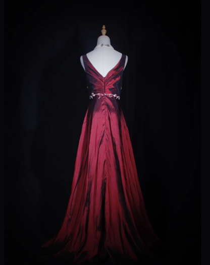 Vintage Burgundy V Neck Satin Appliques Mermaid Long Wedding Guest Dress Formal Evening Gowns D2273