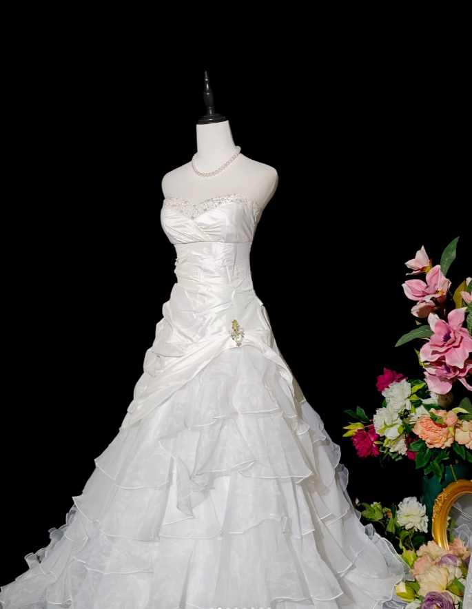 Pretty Strapless White Satin Tulle Beaded Ruffle Layered Mermaid Evening Dress Long Birthday Prom Dress D2375