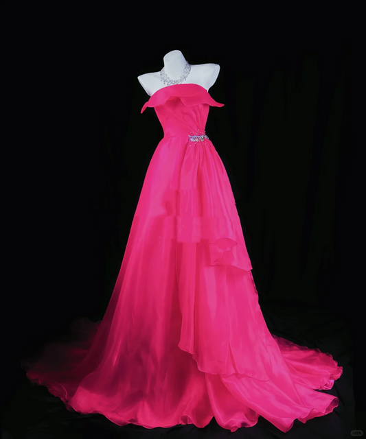 Sexy Strapless Ball Gown Hot Pink Organza Beaded Long Evening Dress Prom Gown D2515