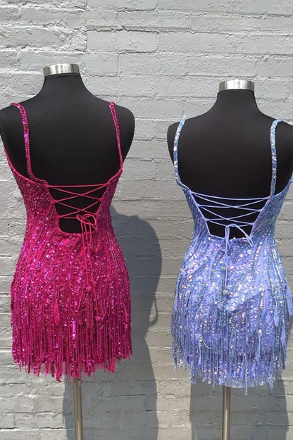 Sparkly Spaghetti Straps Gold Sequin Tassel Short Party Dress Homecoming Dress D4665