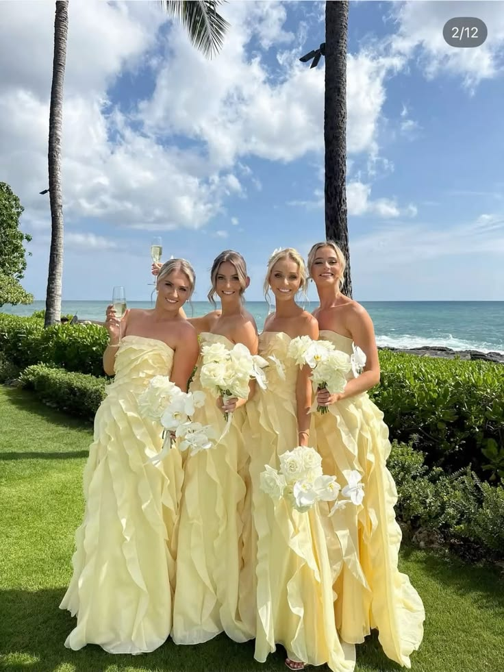 Sweet Strapless Yellow Chiffon Ruffled A Line Long Bridesmaid Dress D5014