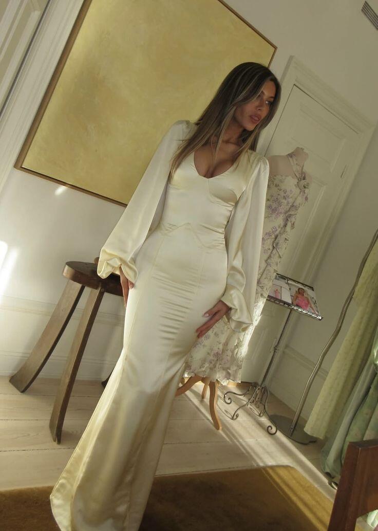 Charming Yellow V Neck Satin Mermaid Long Party Dress Prom Dress D5060