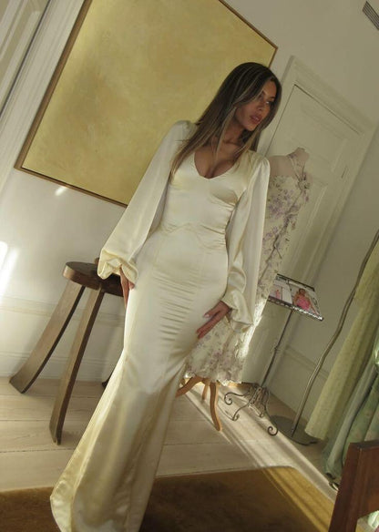 Charming Yellow V Neck Satin Mermaid Long Party Dress Prom Dress D5060