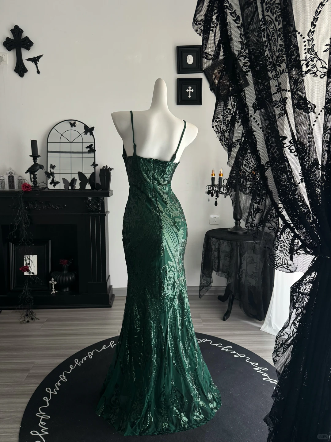Vintage Emerald Green Satin Sequin Mermaid Evening Dress,Spaghetti Straps Long Prom Dress D3692