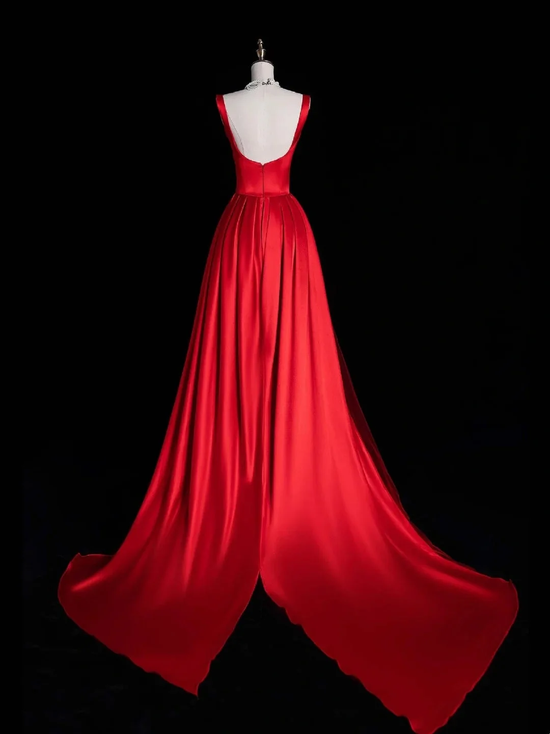 Fashion Spaghetti Straps Satin Pleated Long Wedding Guest Dress Red Mermaid Square Neck Long Evening Dress D4853