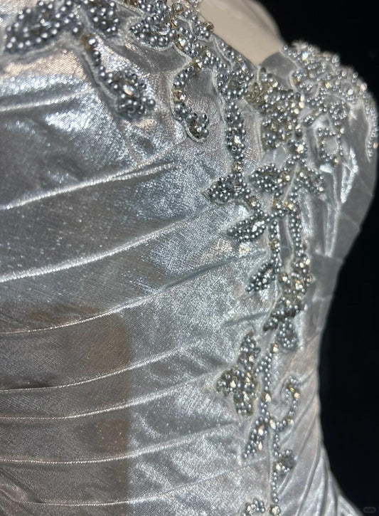 Stylish Spaghetti Straps Silver Satin Pleated Beaded A Line Short Birthday Dress Homecoming Dress D3385
