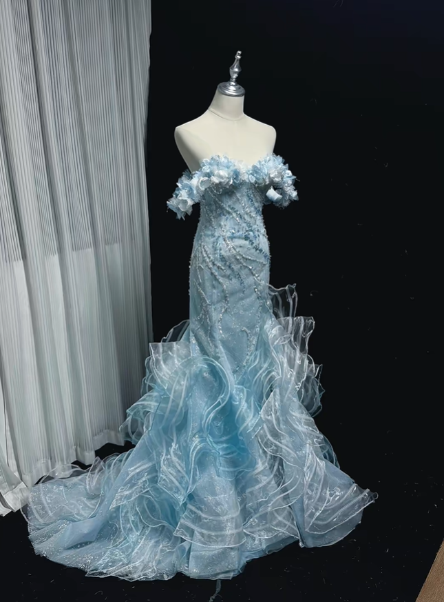 Glamorous Light Blue Mermaid Long Evening Dress Off The Shoulder Tulle Sequin Applique Party Dress D5168