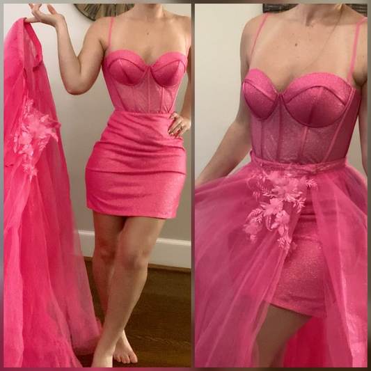 Chic Pink Spaghetti Straps Sheath Cocktail Dress Formal Short Graduation Homecoming Dress D071