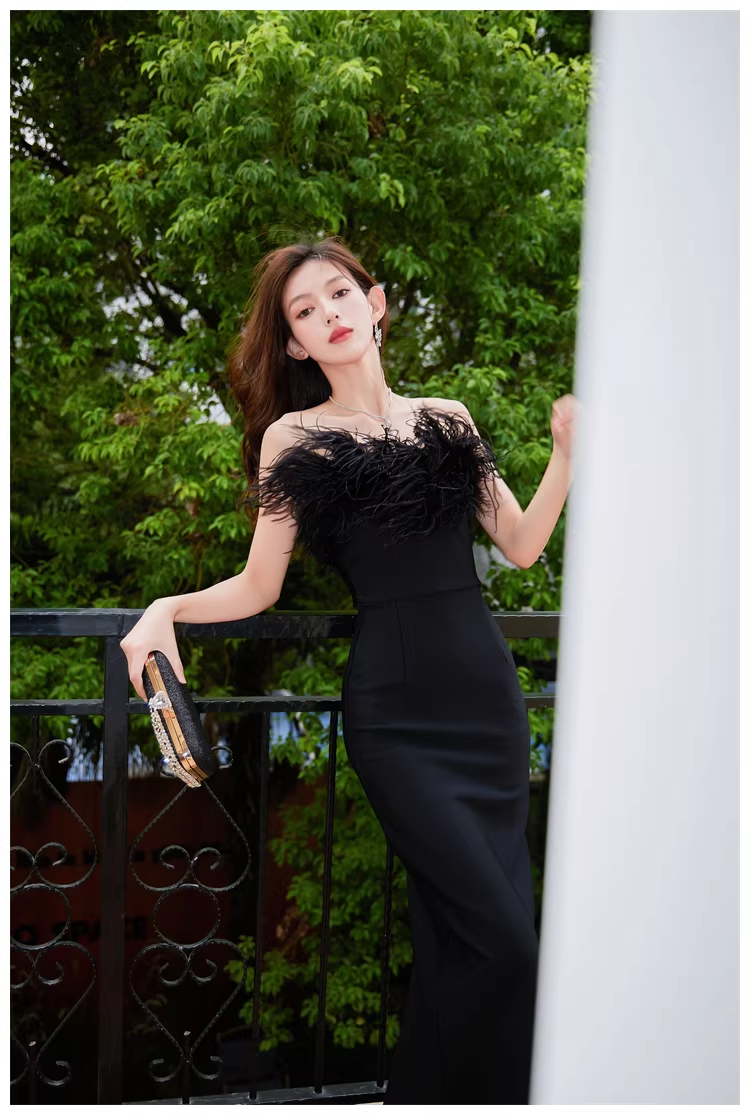 Chic Feathers Strapless White Satin Sheath Long Prom Dress Evening Dresses D2454