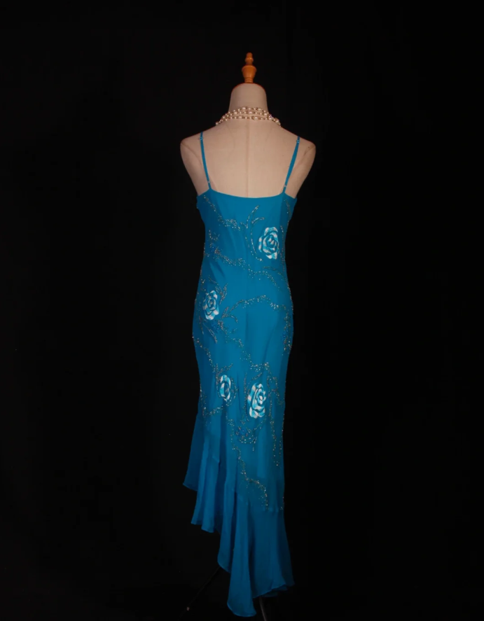Pretty Blue Spaghetti Straps Embroidery Floral Chiffon Beaded Mermaid Long Prom Dress Party Gowns D2279