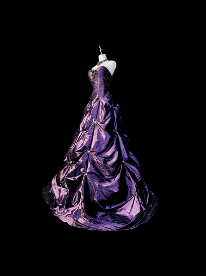 Vintage Purple Strapless Satin Beaded Long Party Dress Evening Dress D5371