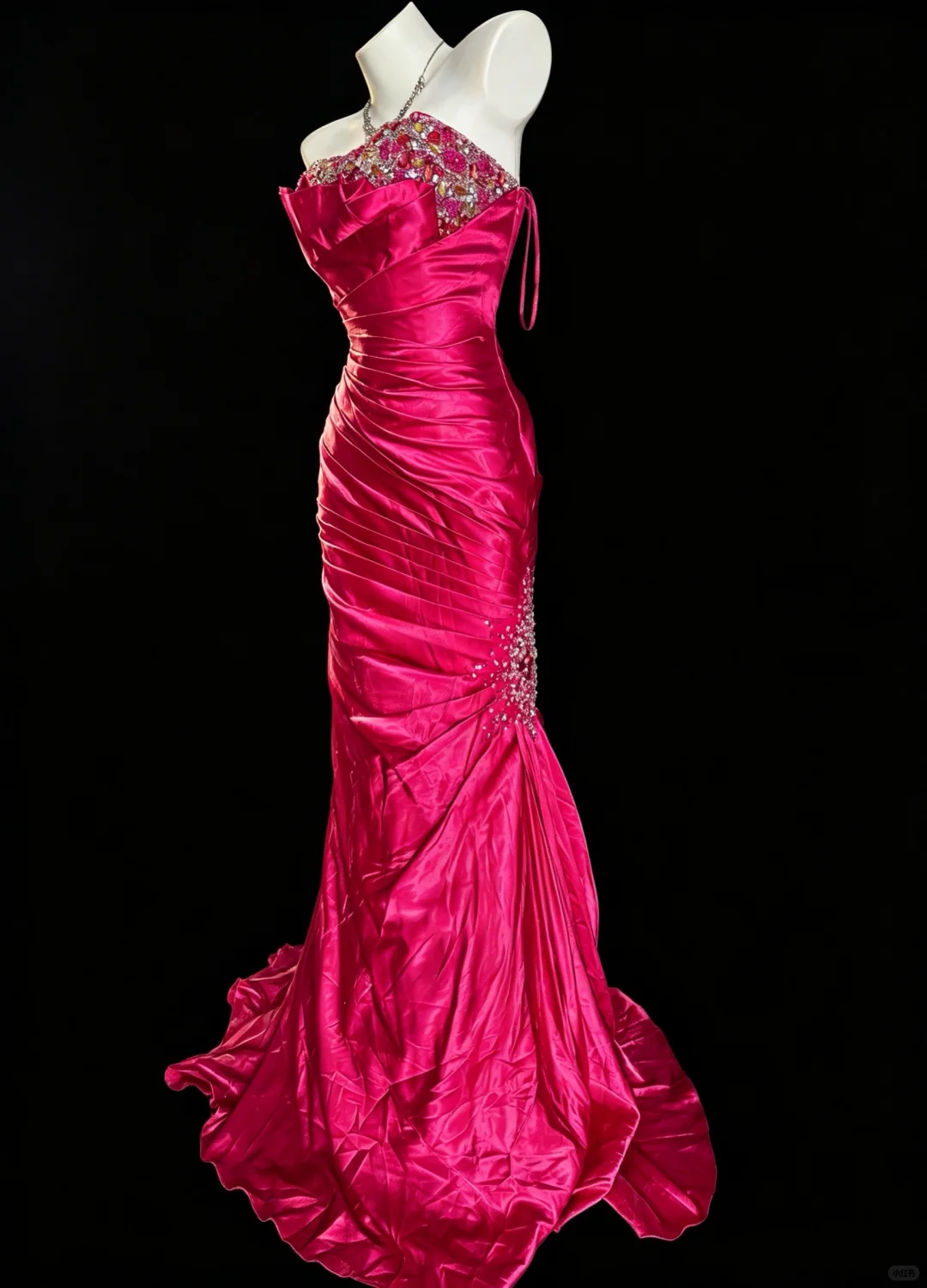 Elegant Rose Red Strapless Satin Beaded Mermaid Long Prom Dress Evening Dress D5225