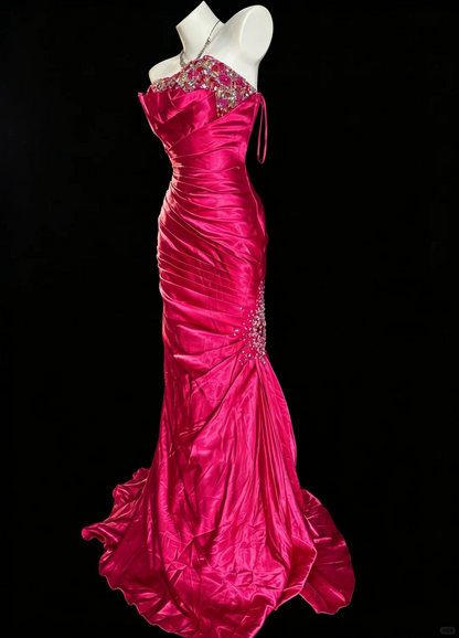 Elegant Rose Red Strapless Satin Beaded Mermaid Long Prom Dress Evening Dress D5225