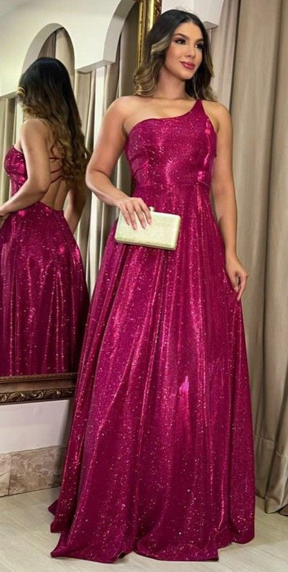 Sparkly One Shoulder Satin Sequin A Line Long Party Dress Hot Pink Evening Gown D1417