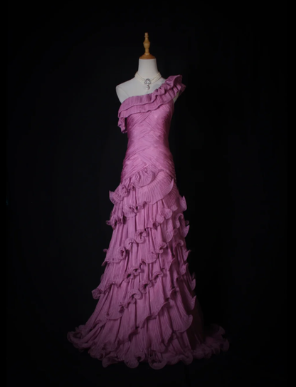 Fairy One Shoulder Purple Chiffon Pleated Ruffles Layered Mermaid Prom Dress Formal Birthday Cake Dress D2272