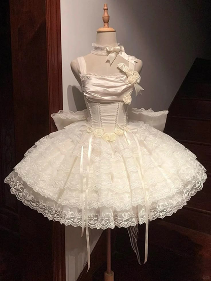 Classy Beige Floral Design Lace Layered Princess Birthday Dress With Big Bow  S397