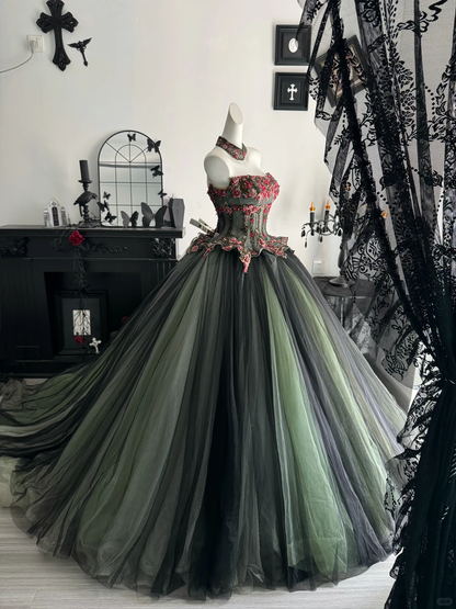 Vintage Black And Green Tulle Appliques Beaded Long Quinceanera Dress Strapless Sweet 15 Dress D4716