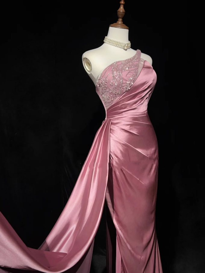 Chic One Shoulder Satin Sequin Beaded Mermaid Long Evening Dress Formal Pink Wedding Guest Dress D2073