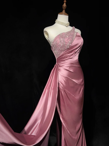 Chic One Shoulder Satin Sequin Beaded Mermaid Long Evening Dress Formal Pink Wedding Guest Dress D2073
