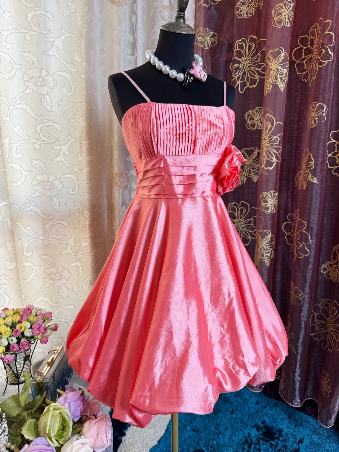 Pretty Spaghetti Straps Pink Satin A Line Homecoming Dress Short 21st Birthday Outfits With Flower D728