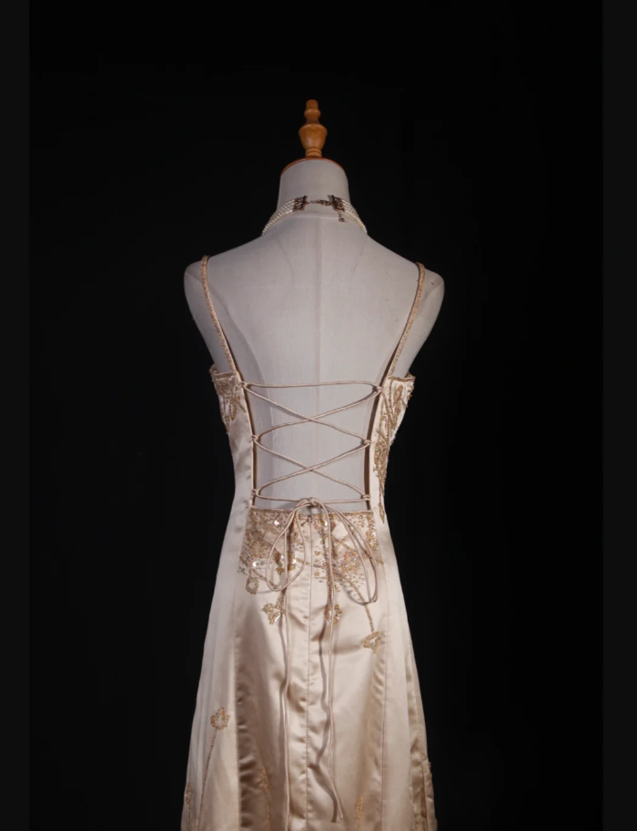 Fashion Spaghetti Straps Gold Satin Beaded Mermaid  Long Party Dress Evening Dress D2249
